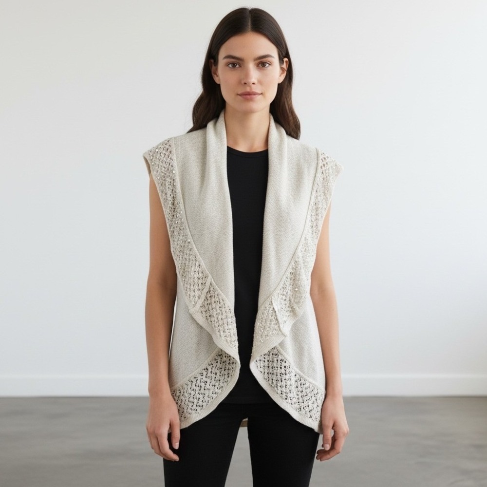 Boho Open Front Cardigan Vest L Crochet Lace Cream Ivory Pointelle 100% Cotton